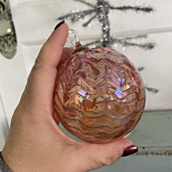 Hanging Art Glass Friendship Ball Ornament Pink Swirl Textured Iridescent Gazing - Picture 7 of 7